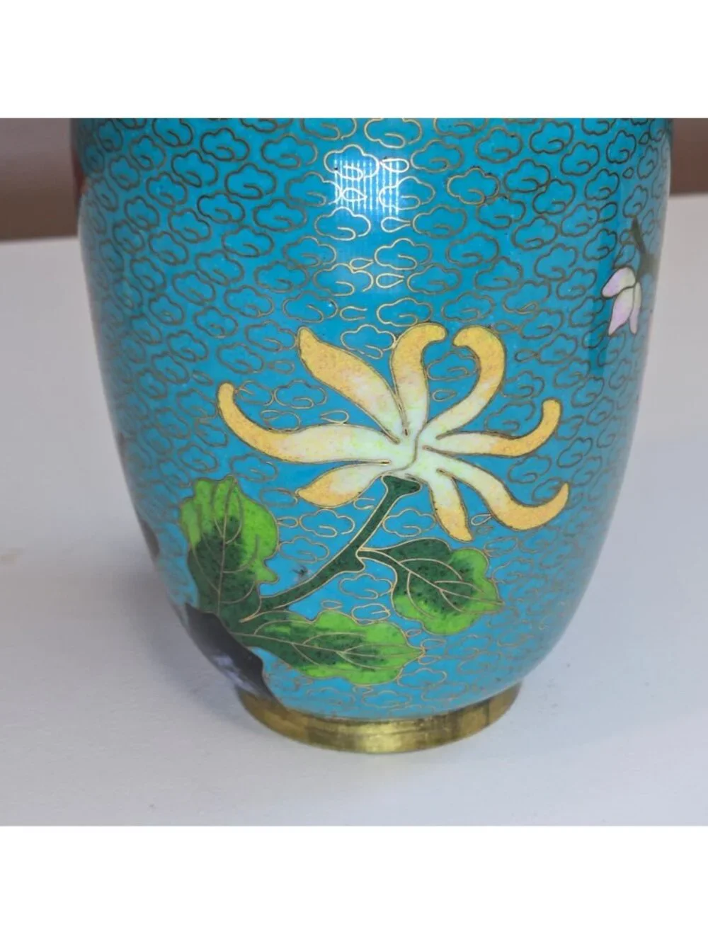 Vintage Cloisonné Vase Pink & White Chrysanthemums Gold Accents Floral Enamel